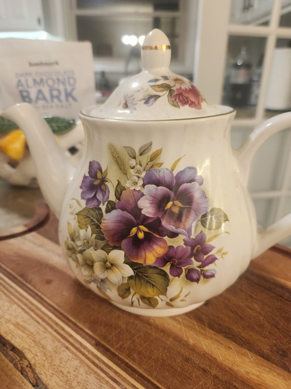 Floral Porcelain Teapot with Purple Pansy Design